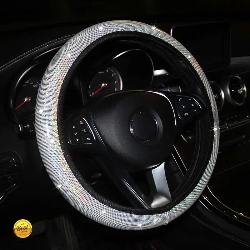 Juego de funda para volante con brillo rosa que presenta un diseño brillante de pedrería plateada engastada, para un interior de coche con estilo.