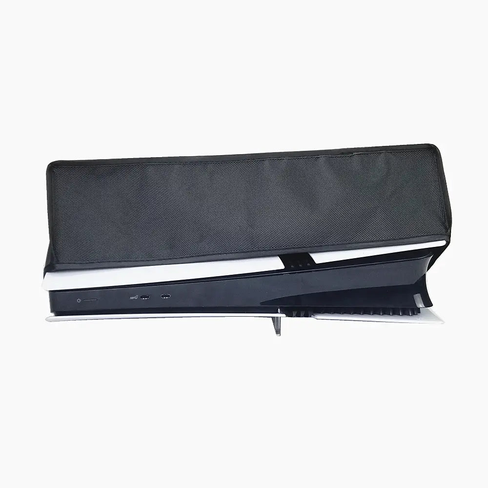 black mesh protective dust cover made of oxford cloth designed to fit over the ps5 pro console in a horizontal position