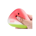 A front view of a soft slow rising watermelon squishy fidget toy with pink and green gradient and black dot eyes