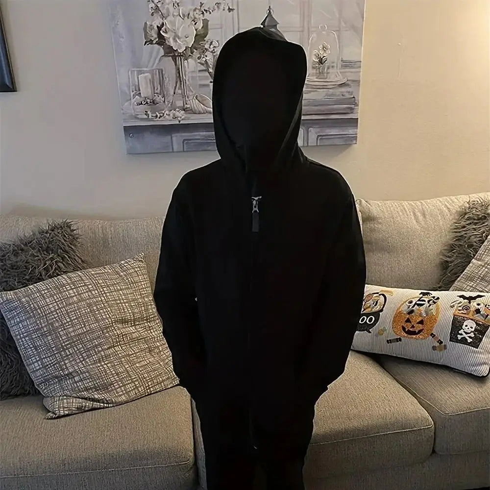 black hooded zip-up sweatshirt with full-length zipper and long sleeves shown from the front paired with black spandex full face mask 2 pack product.
