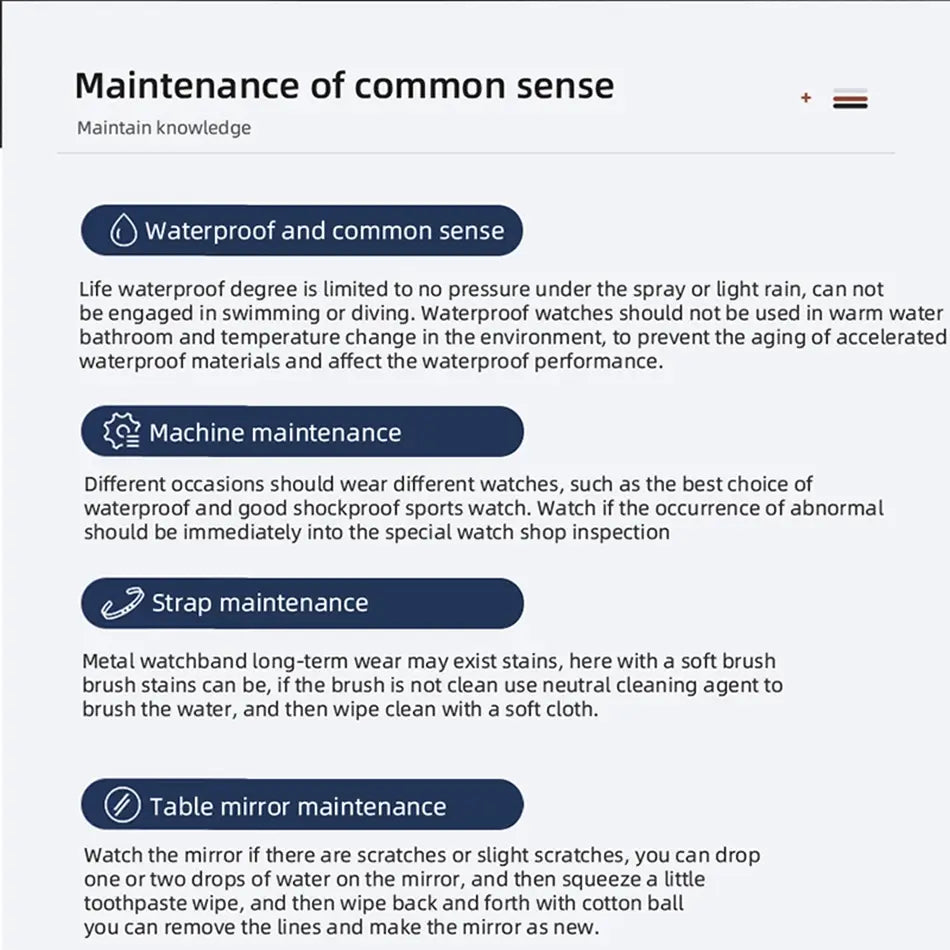 Guide d’entretien pour la montre pour homme Deyros en acier inoxydable noir, en quartz, comprenant des conseils d’entretien contre l’eau et de maintenance de machine, avec des instructions claires pour le soin du bracelet et l’entretien du miroir de table.