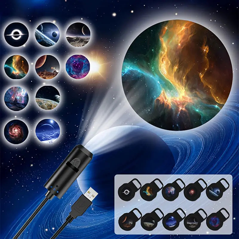 Black usb-powered led galaxy projection lamp with interchangeable cosmic-themed lens covers and 10 slides for immersive starry night displays.