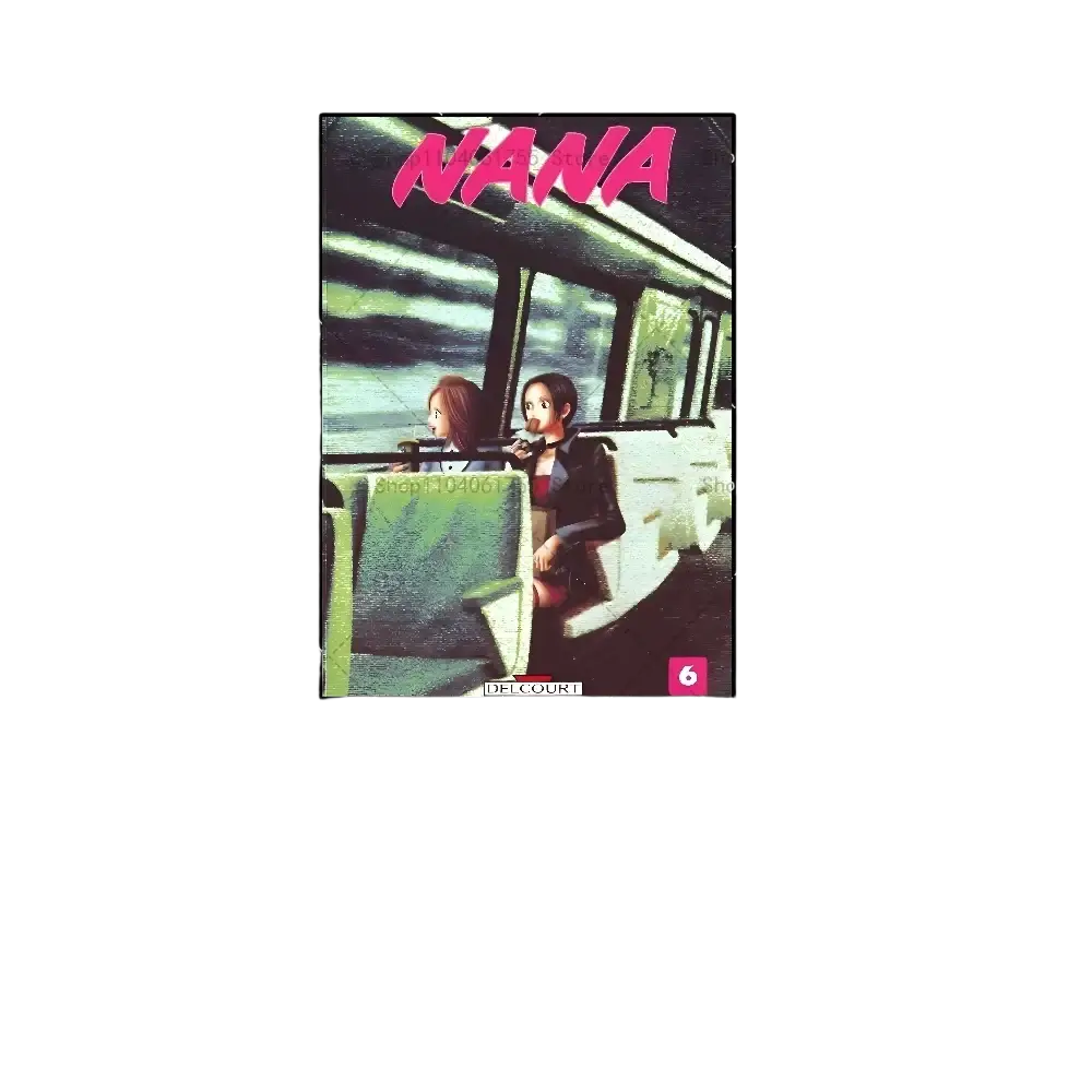 La couverture du manga classique animé Nana de Delcourt montre deux jeunes femmes assises à l’intérieur d’un bus, avec des illustrations stylisées et une typographie rose audacieuse, sur un autocollant-sticker d’affiche murale étanche.