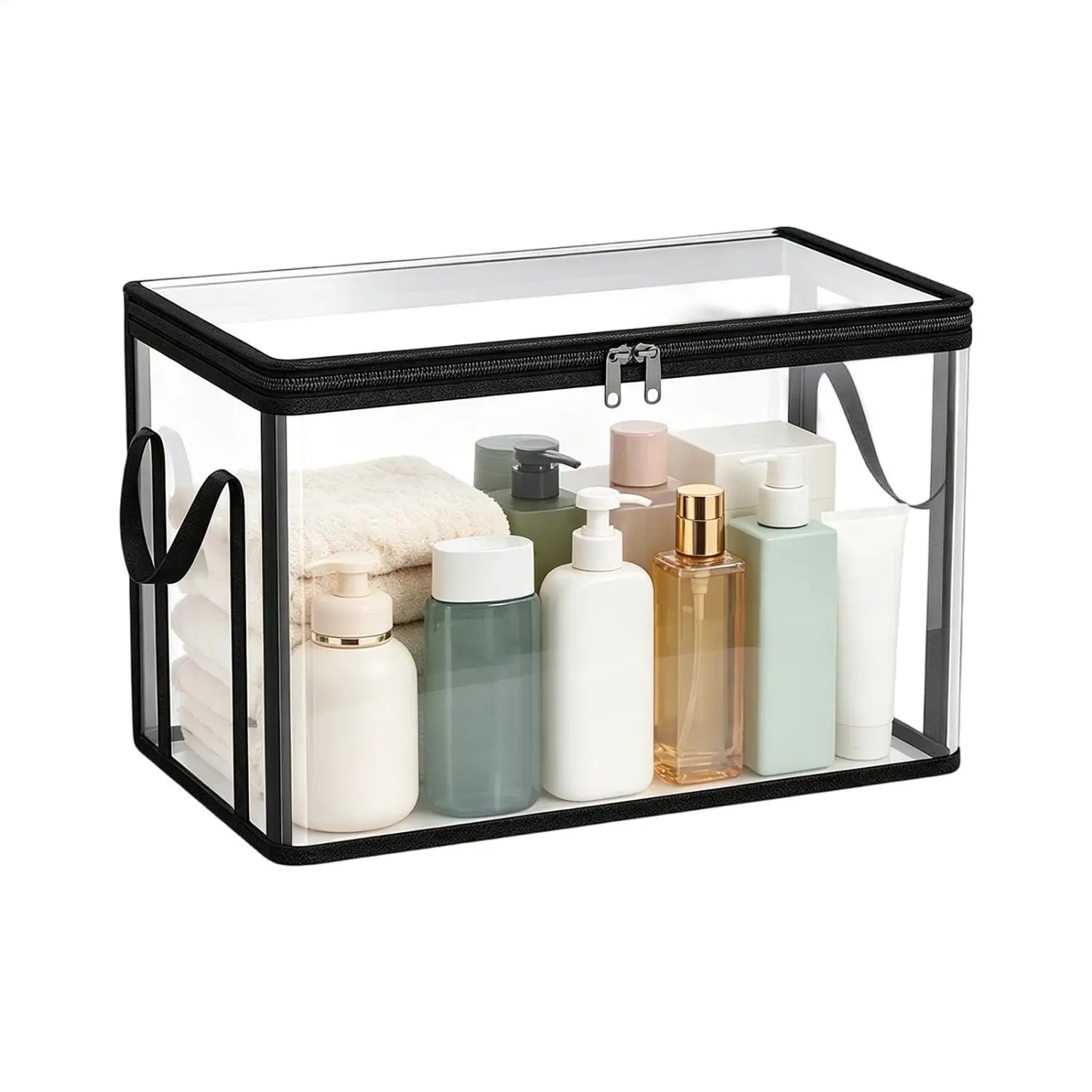 Trousse de toilette de voyage transparente en plastique transparent, avec bordure et poignées noires, présentée comme une boîte de rangement empilable pour livres transparente avec poignées.