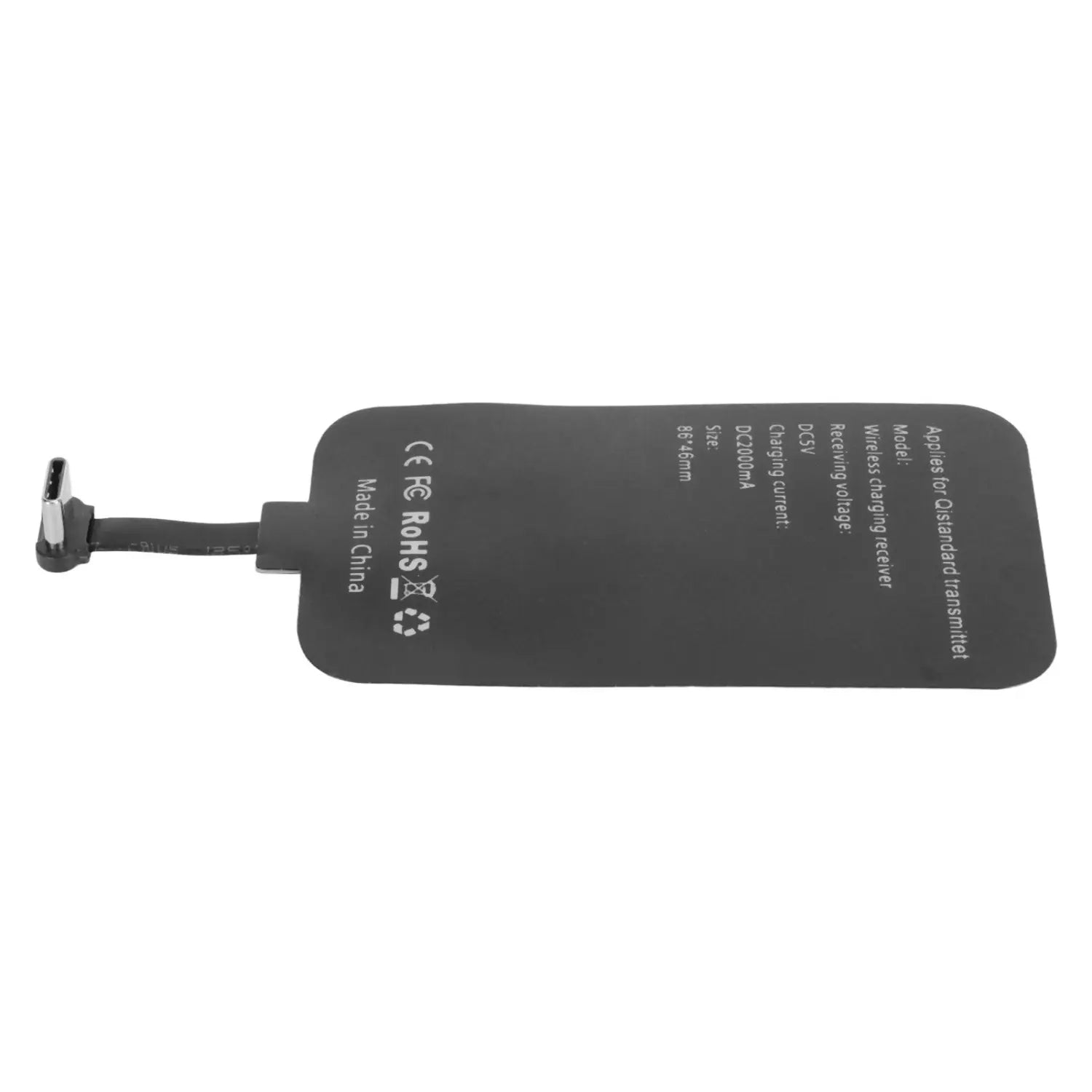 black wireless charging receiver pad with usb-c connector and printed specifications designed for 10w fast charging wireless charging receiver use