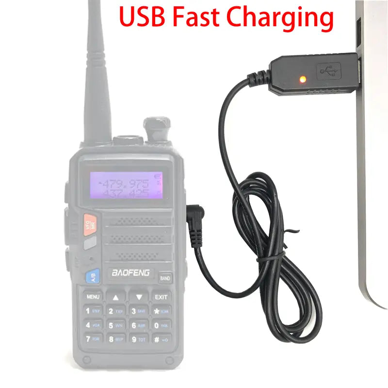 Black USB fast charging adapter with illuminated orange power indicator connected to a Baofeng uv10r walkie talkie via coiled usb charging cable for uv-10r usb charging use