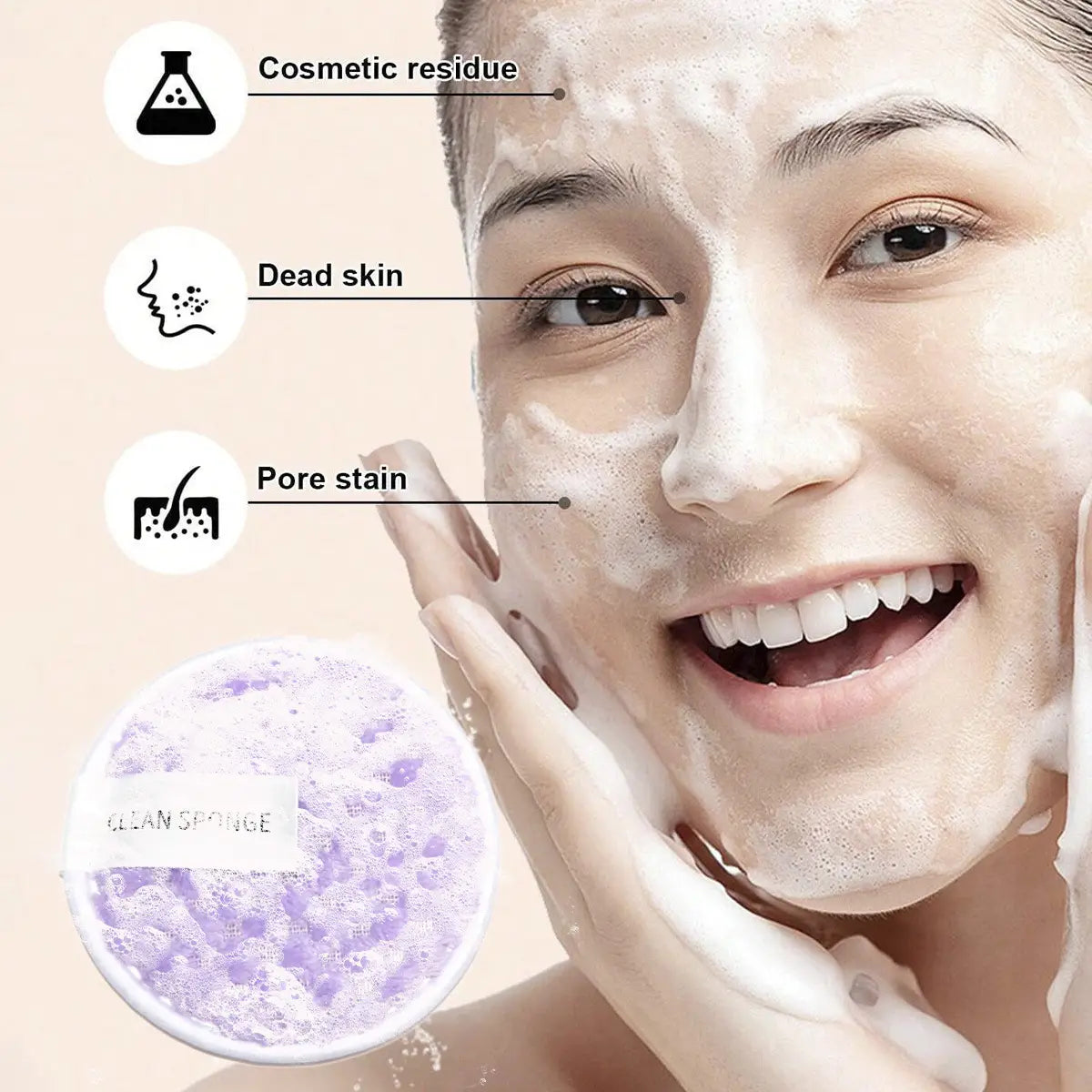 Éponge nettoyante pourpre lavande au toucher doux et à texture poreuse incluse dans un ensemble de pinceaux et d’éponges de maquillage de 33 pièces, avec des poils en nylon ; la matière des pinceaux est conçue pour une exfoliation faciale délicate.