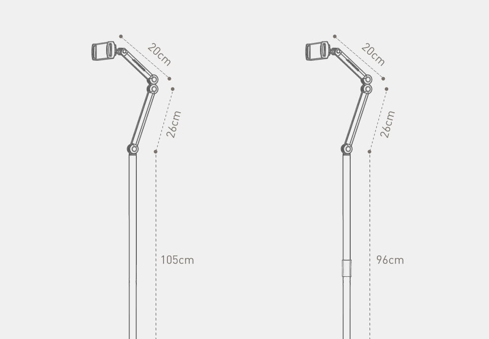 adjustable height aluminum alloy floor lamp with articulated arm and cylindrical head shown in two configurations for tablet and phone use