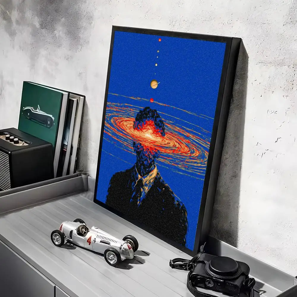 a framed canvas print featuring a surreal portrait with swirling cosmic colors and celestial bodies above the figure’s head set against a deep blue background designed with minimalist aesthetics for modern graphic living room decor