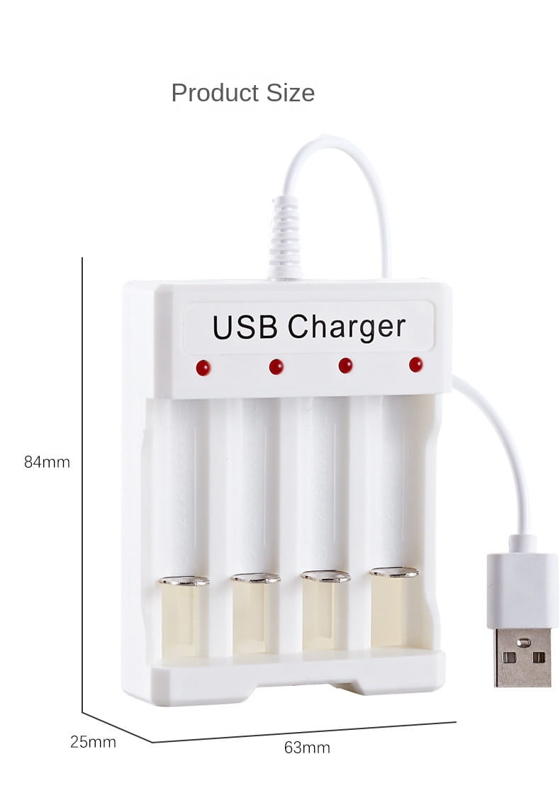 Batterieladegerät und -Organizer aus weißem Kunststoff für USB-AA-AAA mit vier Ladeplätzen und roten Anzeigelämpchen.