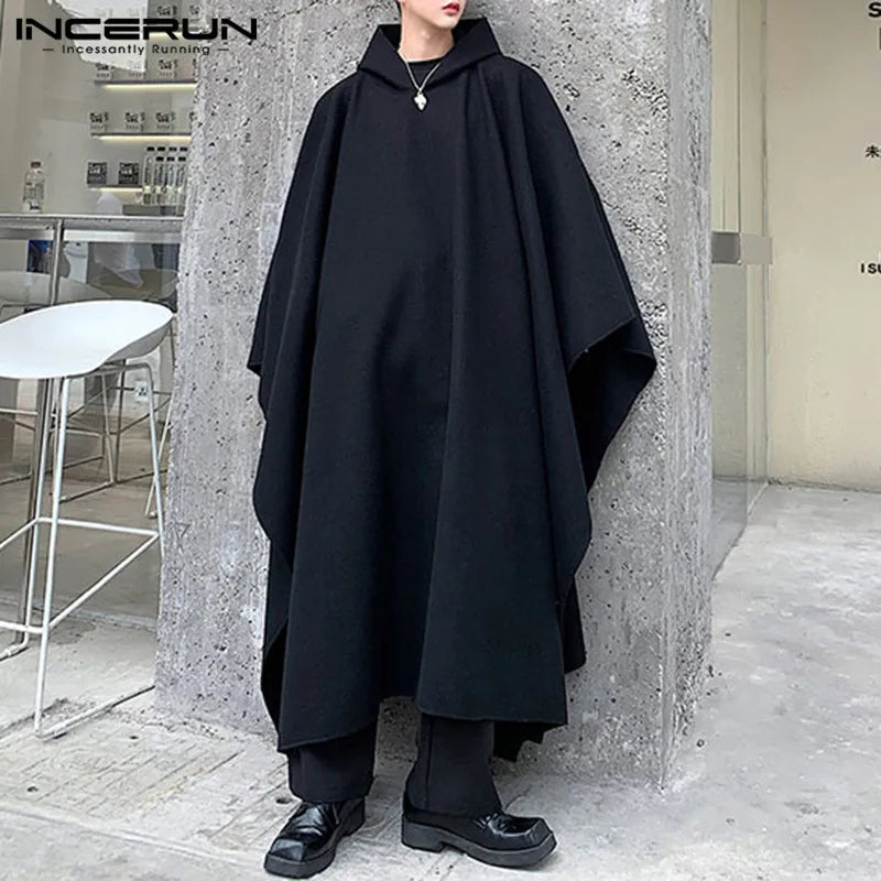 INCERUN Fashion Men Cloak Coats Solid Color Loose Hooded Streetwear 2025 Men Long Style Trench Windproof Winter Cape Jackets Men