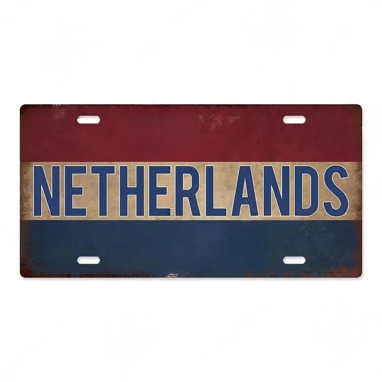 Rustic metal license plate featuring the word Netherlands in bold blue letters on a weathered red white and blue striped background for vintage wall decor.
