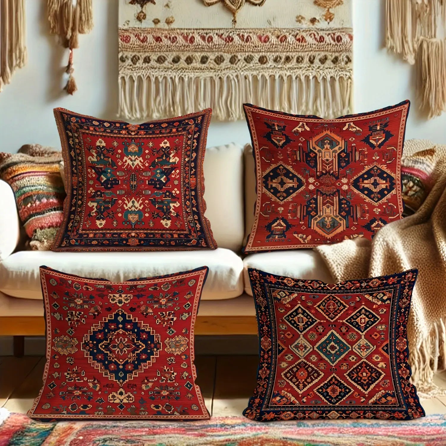 boho geometric throw pillow covers set of 4 featuring intricate red blue and gold Persian rug inspired patterns on square fabric pillows