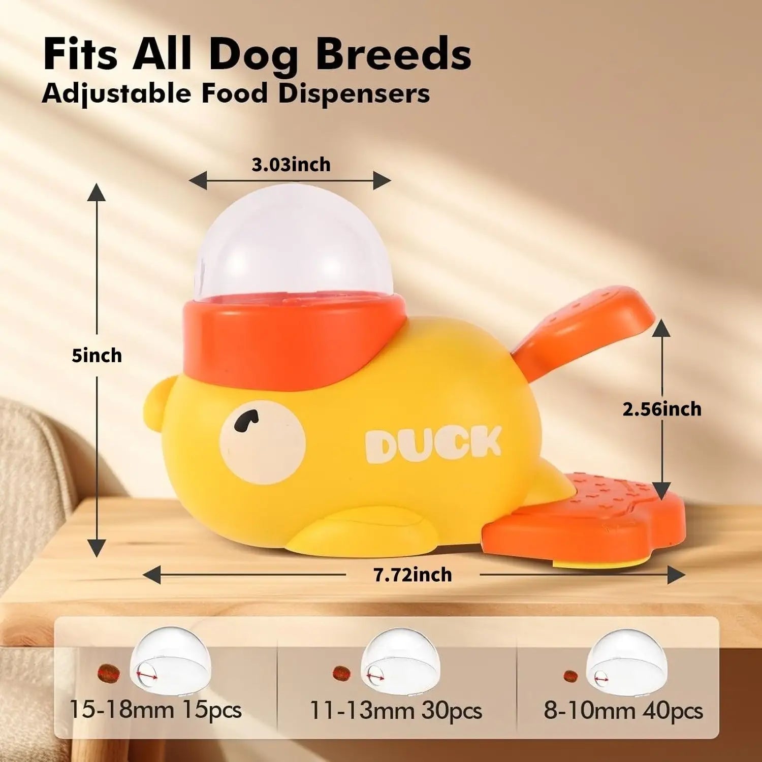 comedero rompecabezas para perros con forma de pato amarillo con detalles en naranja y una cúpula transparente, diseñado como juguete ajustable de dispensación lenta de alimentos tipo rompecabezas