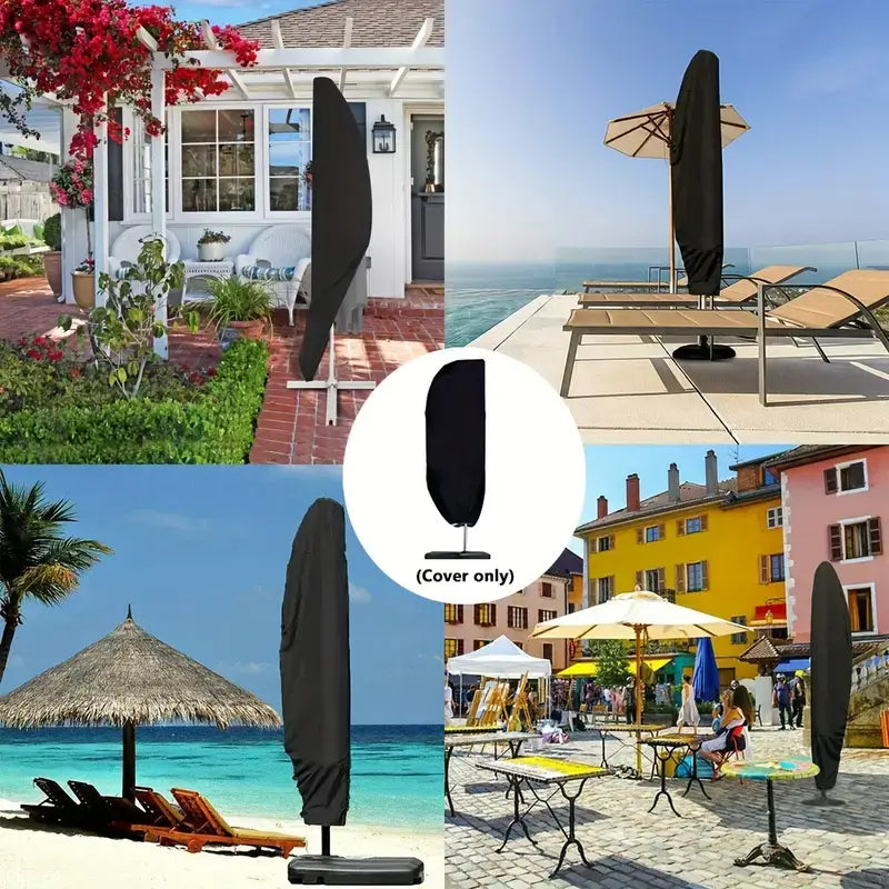 housse de parasol déporté noire imperméable en tissu durable protégeant un parasol debout contre les intempéries