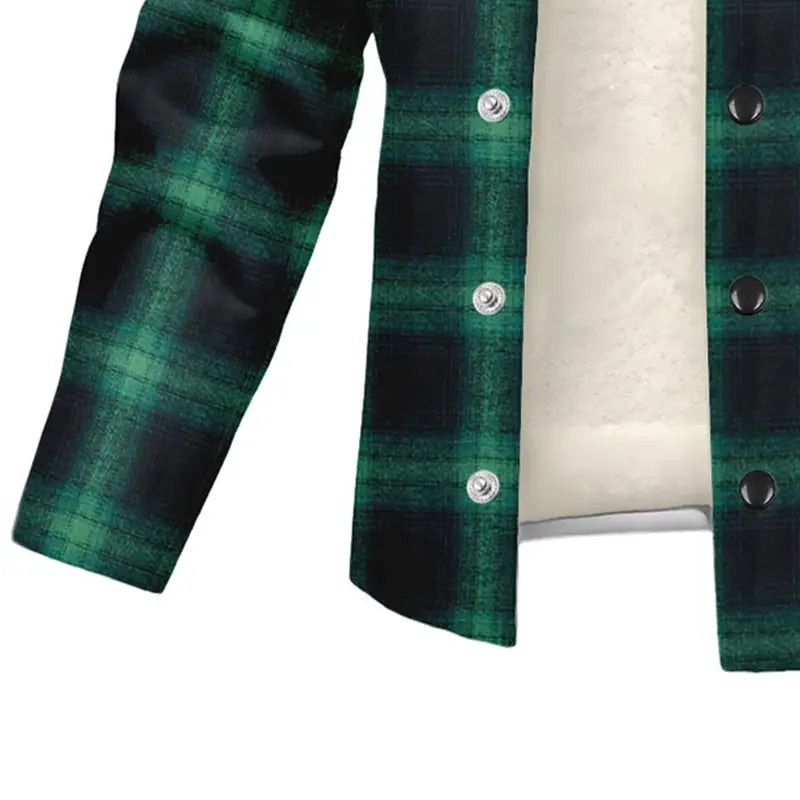 Chaqueta con capucha Y2K de polar a cuadros para hombre en franela verde y negra, con botones plateados y forro interior de polar blanco.