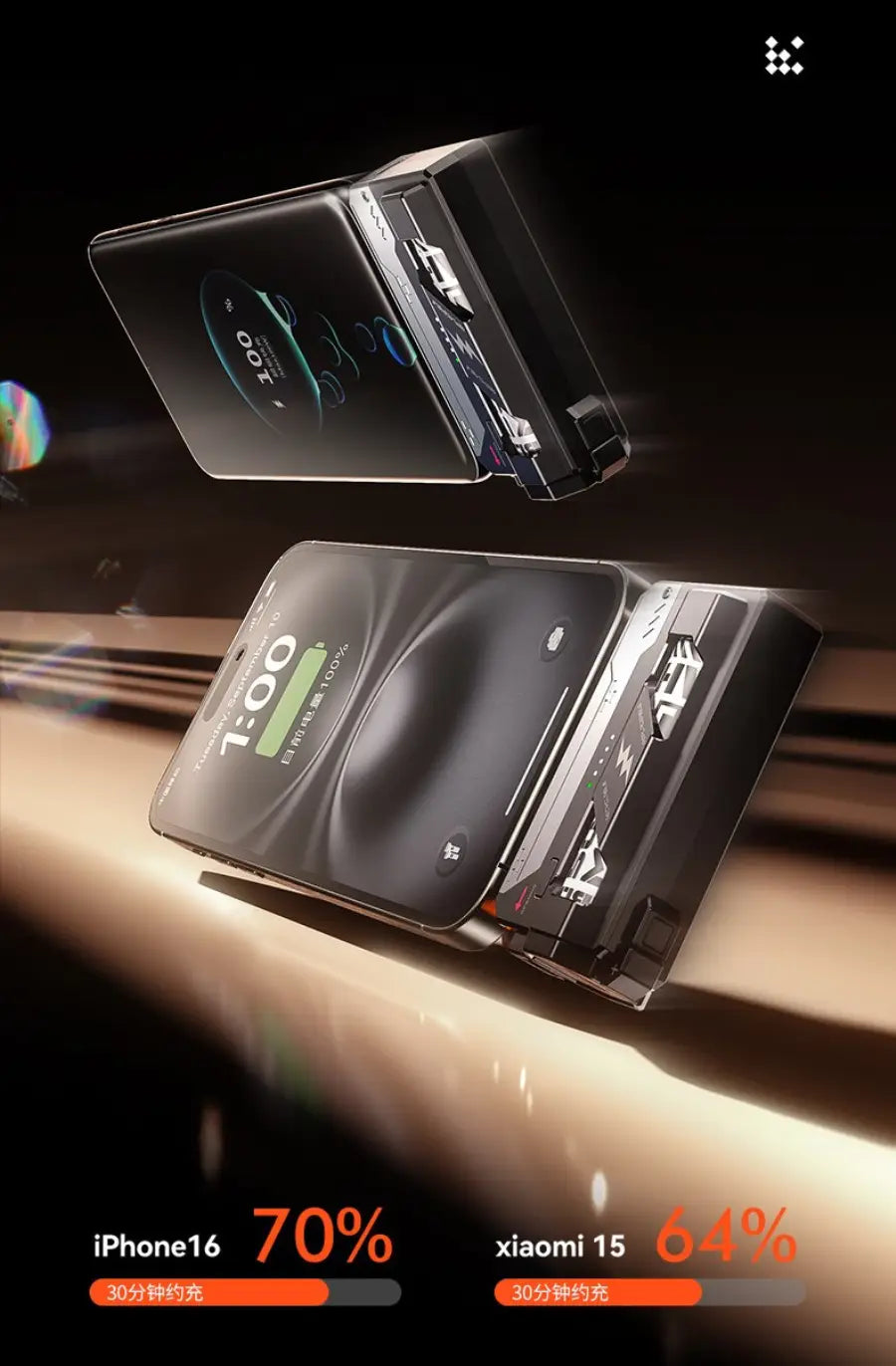 Schwarzes faltbares Smartphone mit schlankem metallischem Finish und sichtbarem Scharniermechanismus, dargestellt neben der taktischen 5000-mAh-Taschenbatterie, entworfen für eine zuverlässige Nutzung an Arbeitstagen und mit positiven Rückmeldungen gelobt.