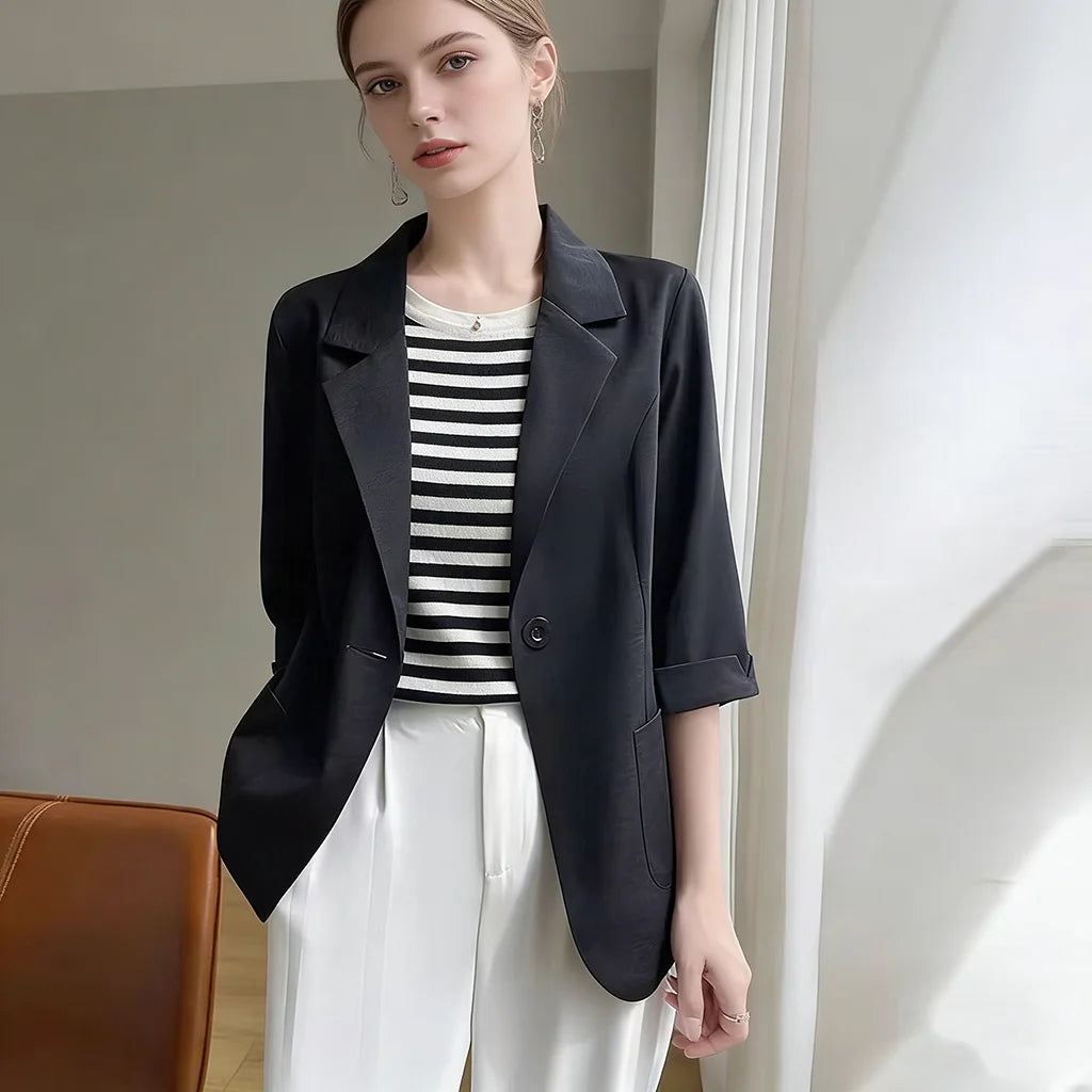 Women White 3/4 Sleeve Blazer Elegant Office Business Suit Jacket Loose Pocket Formal Workwear Ladies Casual O