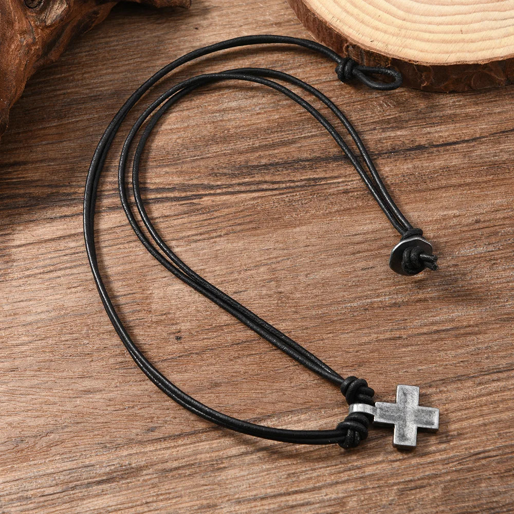 1 Piece Women and Men Retro Woven Cross Pendant Necklace Rope Leather Necklace for Women