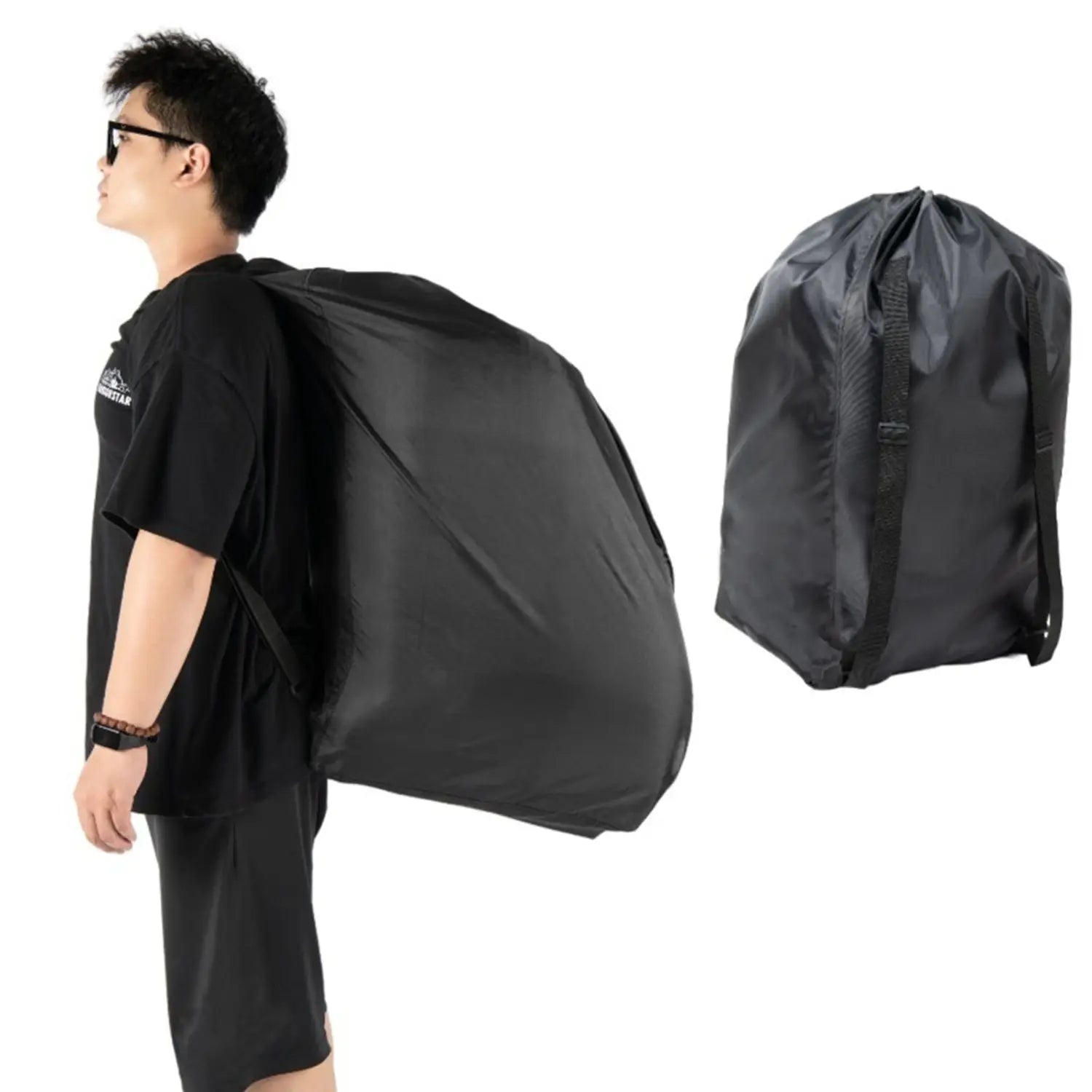 Schwarze Kordel-Kindersitz-Reise-Tasche mit verstellbaren Schulterriemen und verstärktem Gewebe für wasserdichte Aufbewahrung und bequemes Tragen.