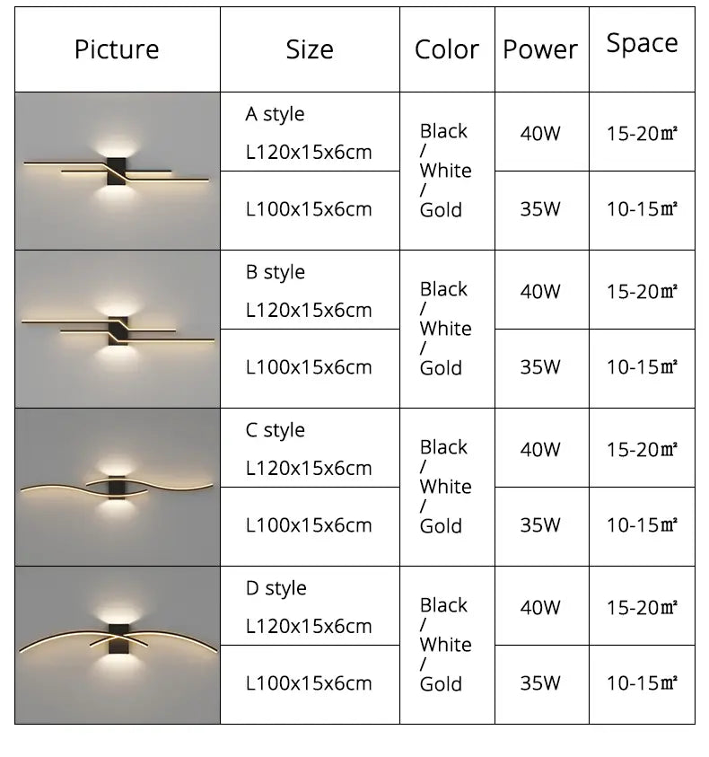Aplique de pared LED minimalista con luz de tira moderna, con acabado metálico negro o dorado elegante y diseño geométrico contemporáneo.