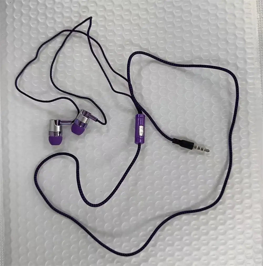 Purple and silver wired in-ear headphones with a black cable and inline control module designed for mobile phone use with bass stereo sound.