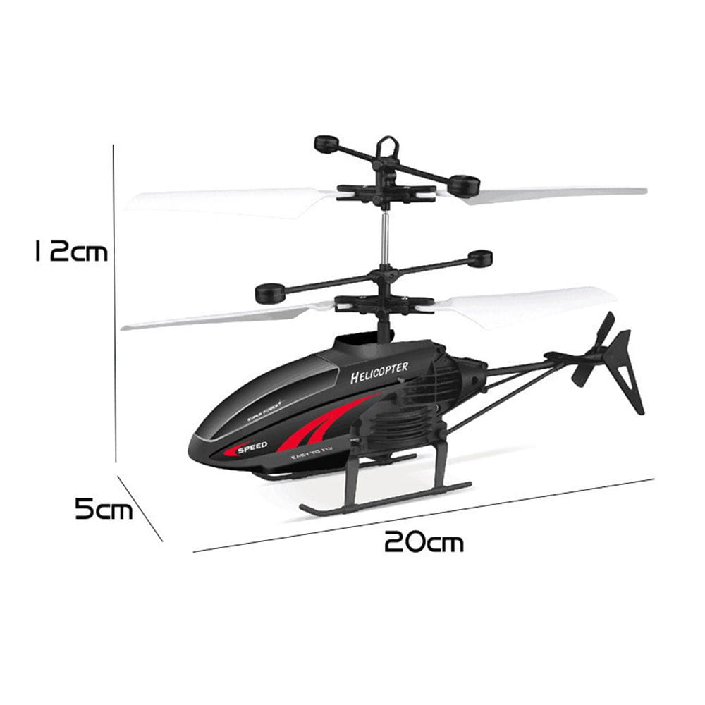 Black and red flying helicopter toy with transparent blades and usb rechargeable feature designed as a helicopter toy for indoor use.