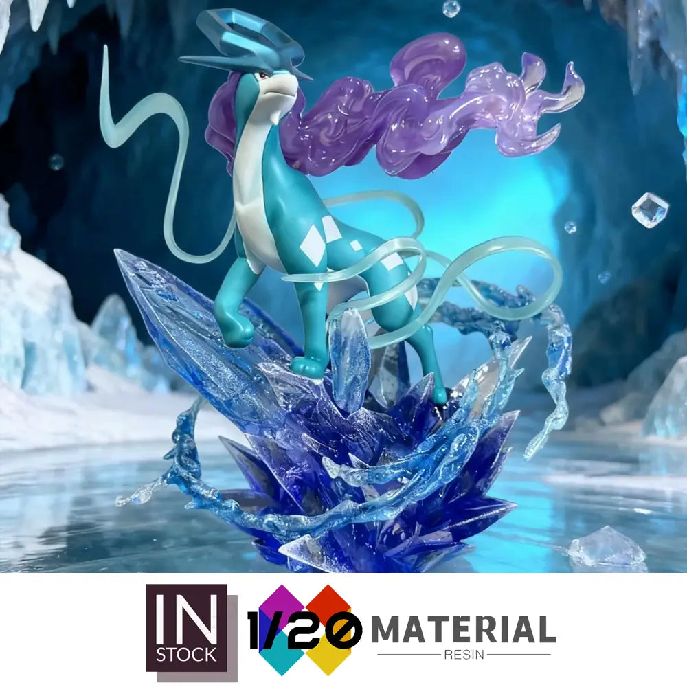 Una figurina de resina translúcida turquesa y blanca de Mega Swampert de pie sobre una base de torre quemada azul cristalizada con efectos de energía púrpura en movimiento, de la colección original brillante de Ciudad Paleta.