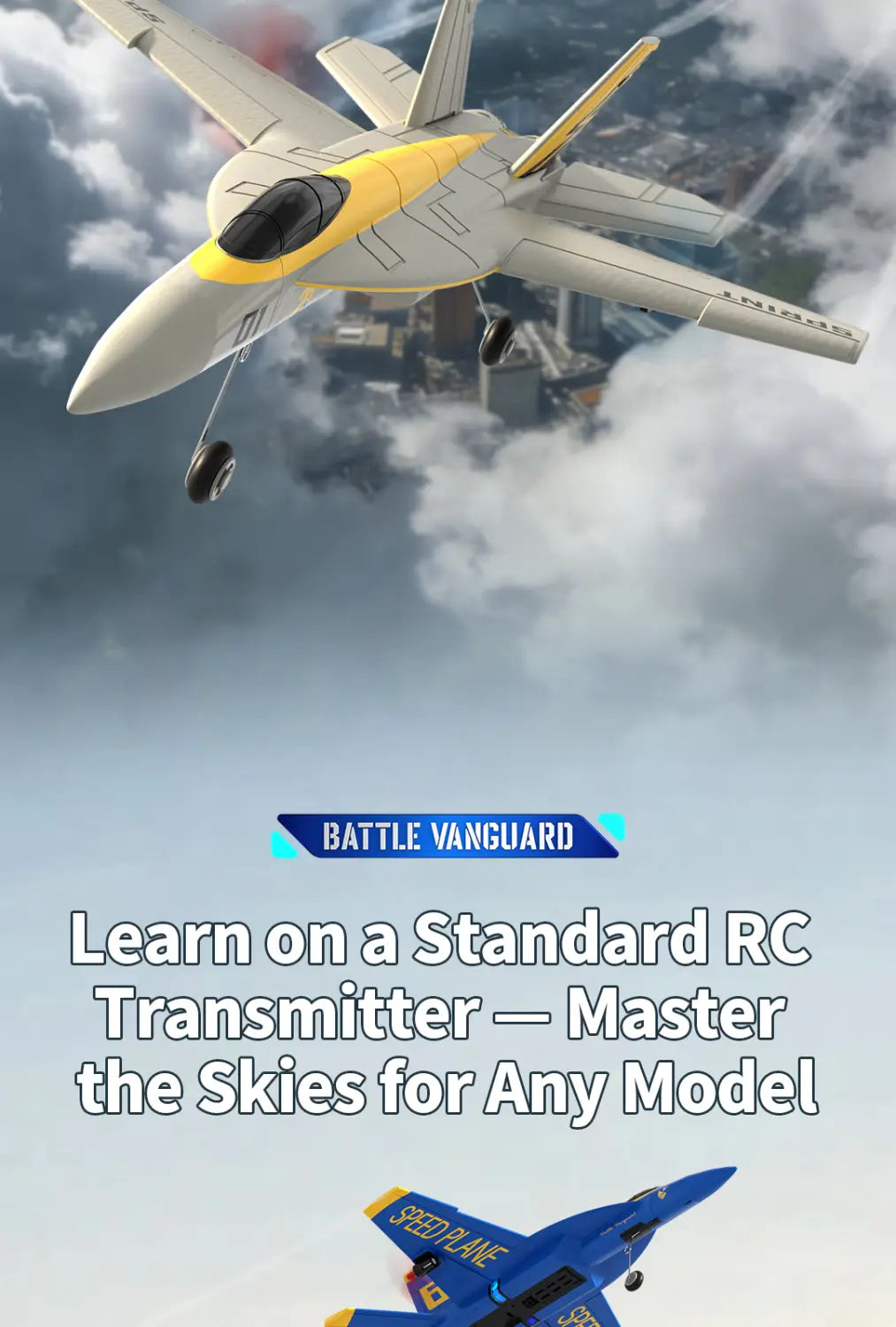 Yellow and white remote control f18 hornet foam glider jet model with a sleek aerodynamic design.