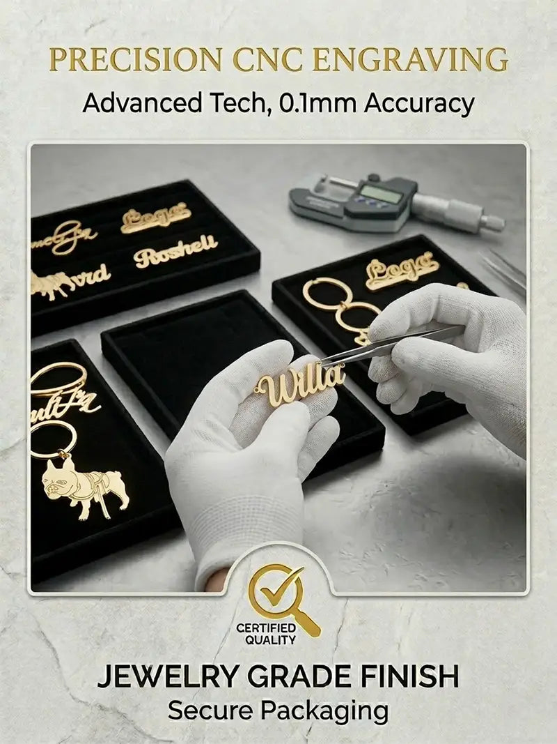 Gold-colored custom photo engraved dog keychains made of stainless steel featuring personalized names and an intricately engraved bulldog design.