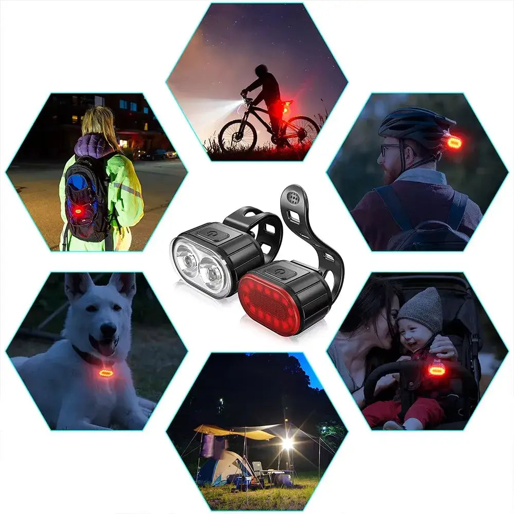Black usb rechargeable led bicycle light set with white front headlight and red rear taillight featuring adjustable mounting clips for versatile attachment.