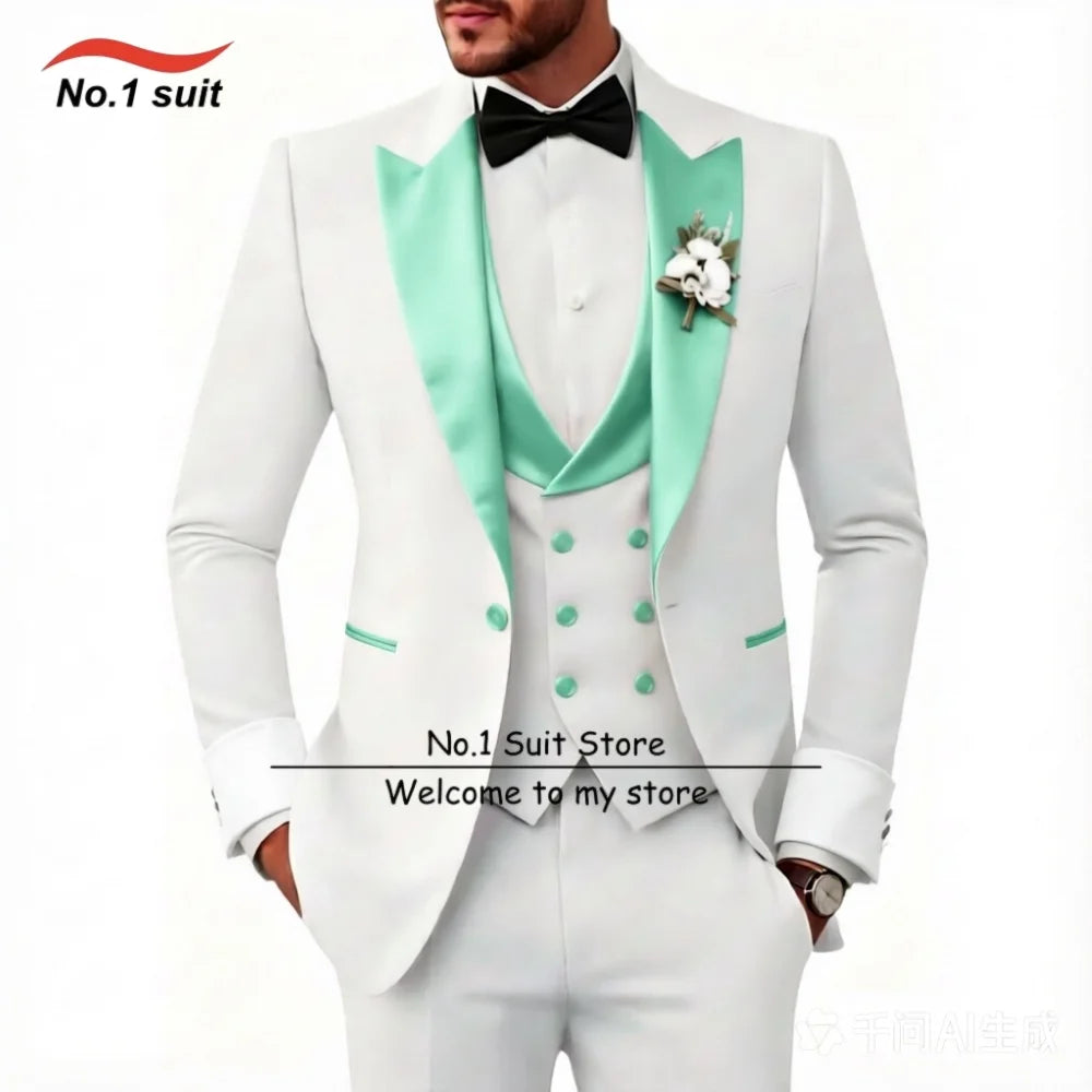 Wedding Tuxedo for Mens 3 Piece Suits Slim Fit Men Tuxedos Double-Breasted Prom Peaked Lapel Men Suits