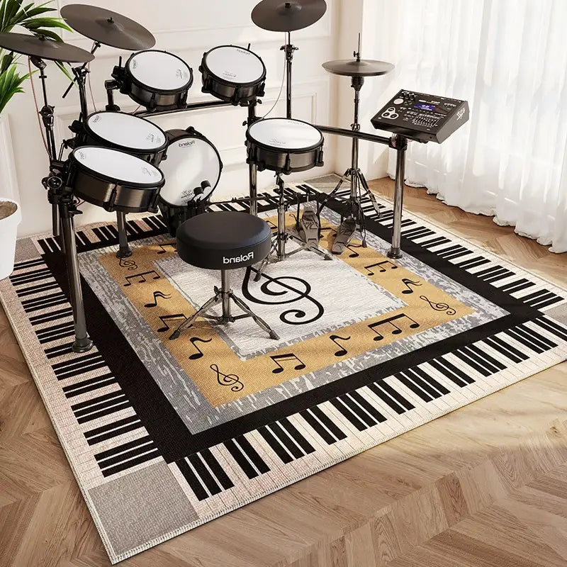 Alfombra de área rectangular beige con notas musicales, con un diseño de teclado de piano en blanco y negro a lo largo de los bordes, adecuada para una alfombra de sala de estar.
