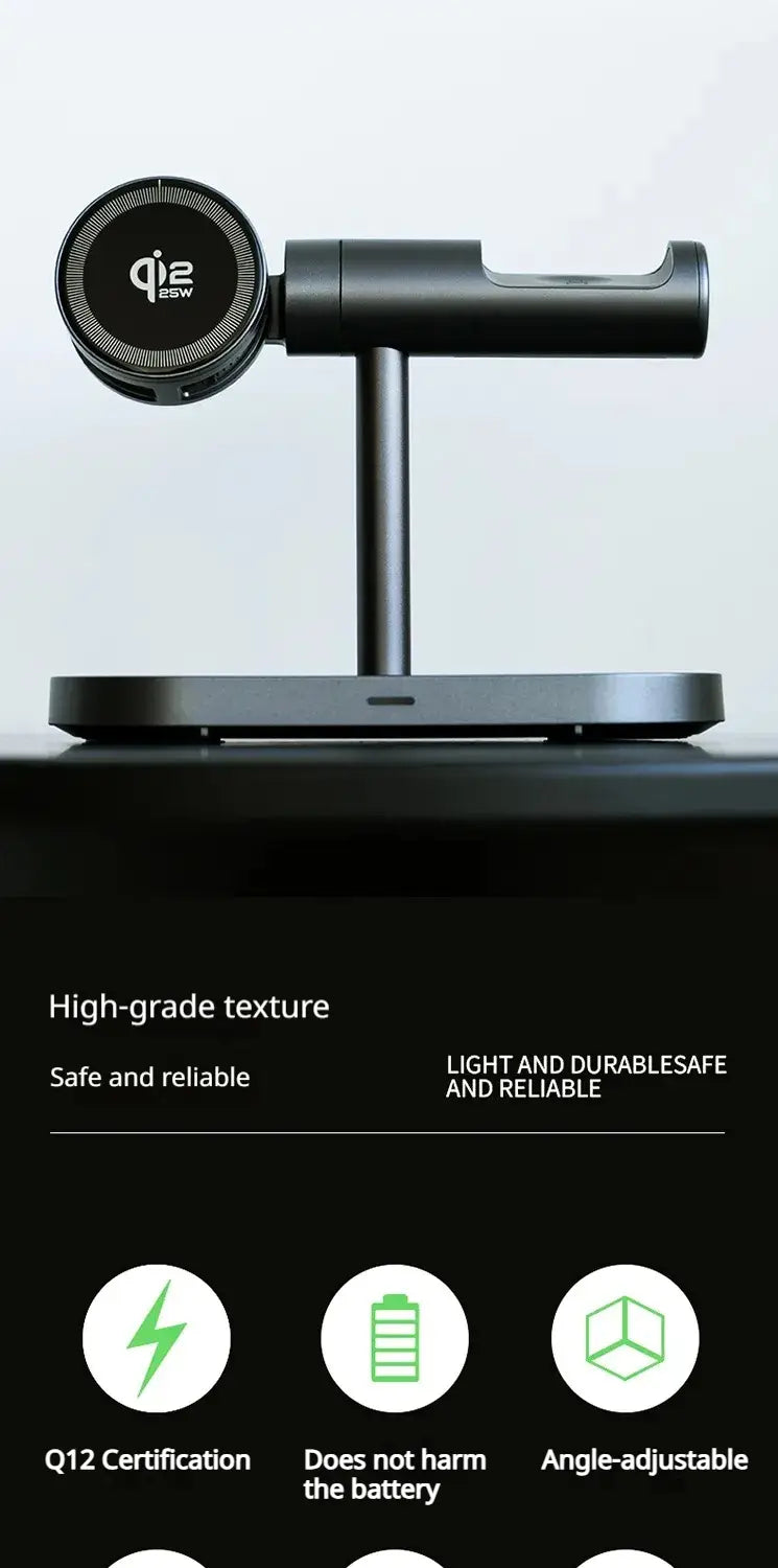 Station de charge sans fil qi2 25 W 7-en-1 à charge rapide, finition noire mate, design minimaliste élégant et angle réglable pour un positionnement optimal des appareils et une efficacité de charge rapide.