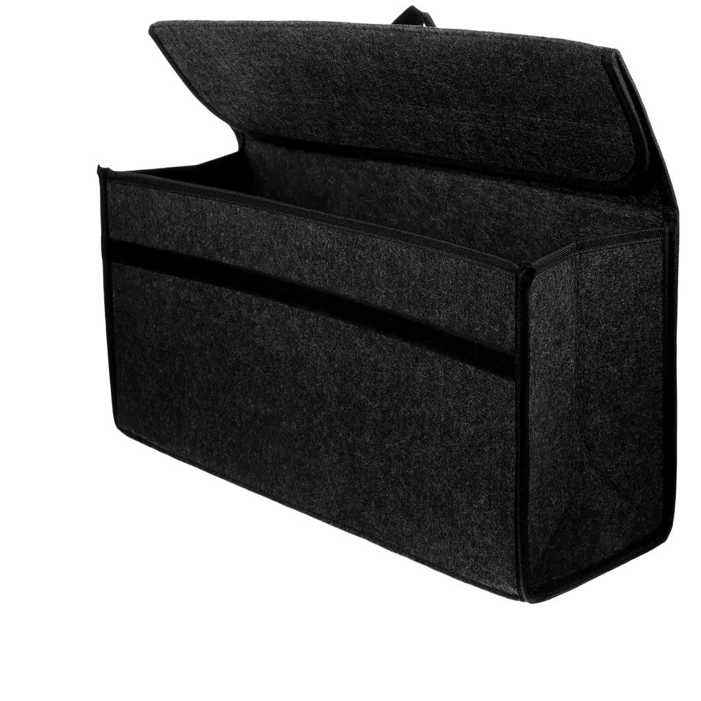 Black felt car trunk organizer storage bag with hinged lid and zippered compartments 50cm x 24cm and 24cm x 16cm