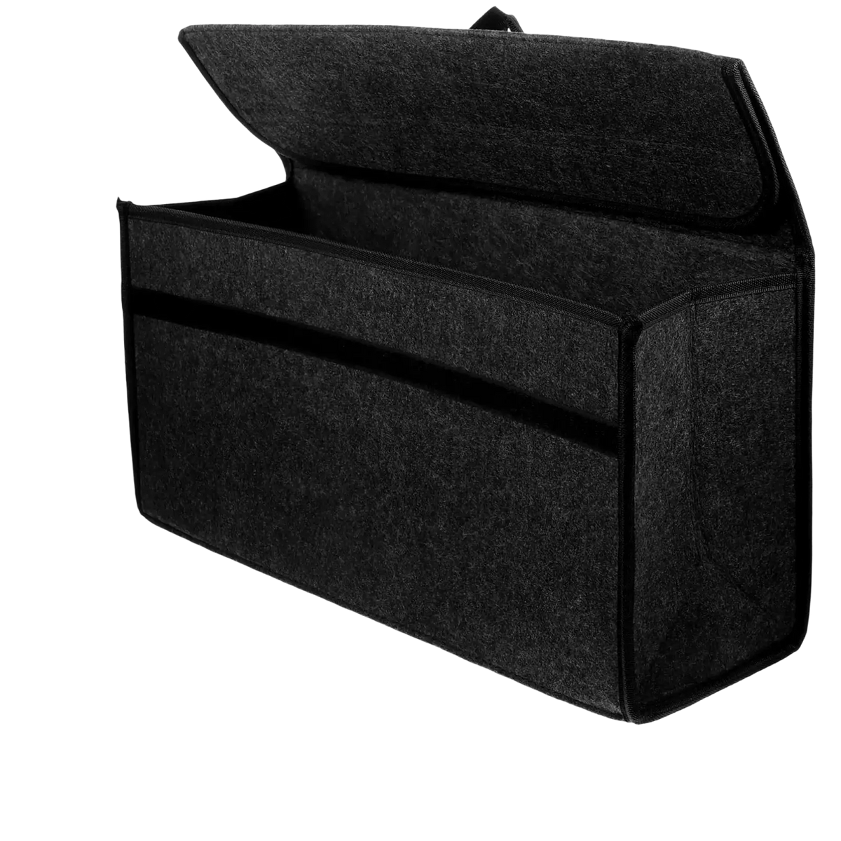 Black felt car trunk organizer storage bag with hinged lid and zippered compartments 50cm x 24cm and 24cm x 16cm