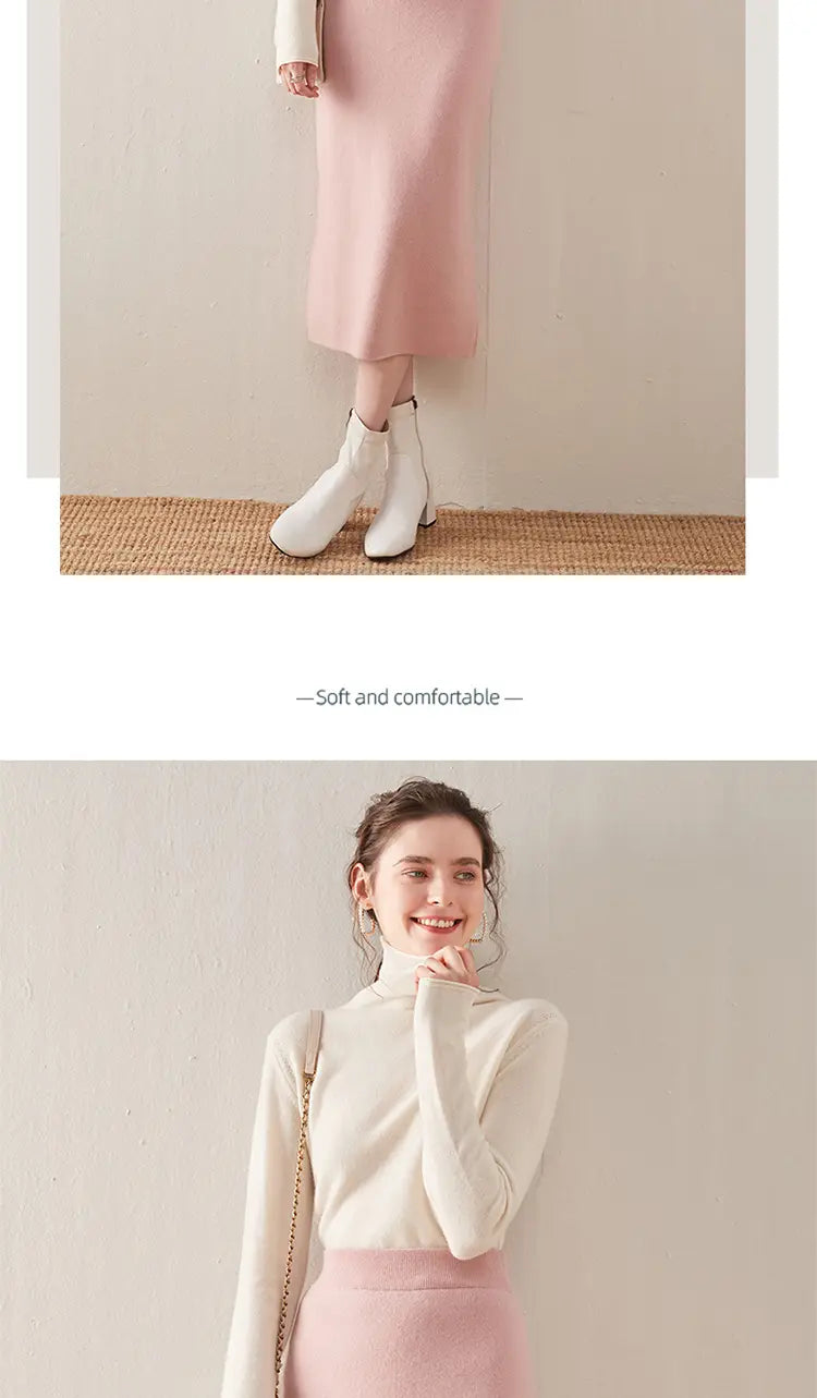 A soft blush pink wool knit midi skirt with a high waisted form fitting pencil silhouette.