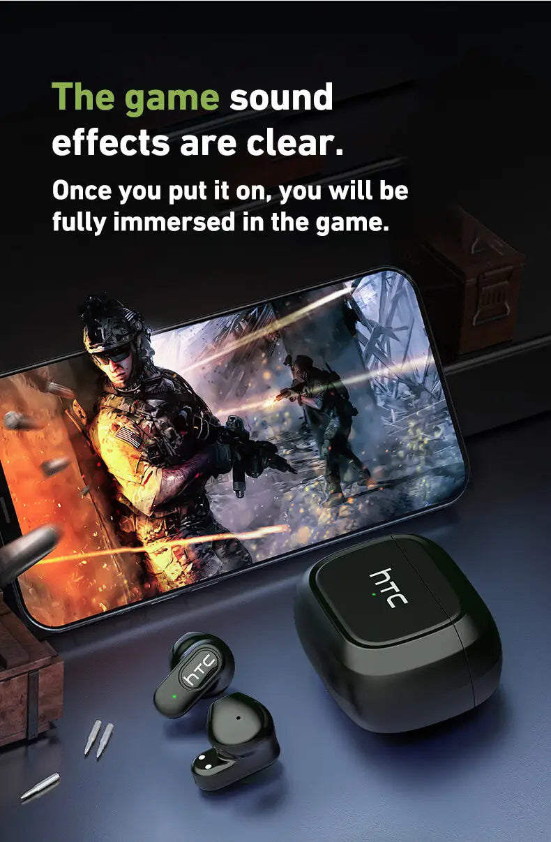 ワイヤレスTWSヘッドホンの接続用に高度なBluetoothバージョンを備えた、洗練された光沢仕上げのブラックのHTC Ne51 Bluetoothイヤホンと、マッチする充電ケース。