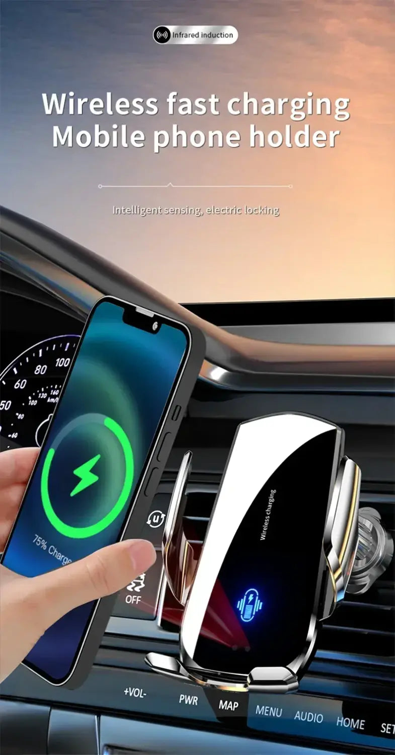 Kfz-Wireless-Ladegerät 15 W Schnellladen, Lüftungshalterung, mit elegantem schwarzem und silbernem metallischem Finish; mit einem Infrarot-Induktionsdesign für automatische Verriegelung und kabelloses Schnellladen.