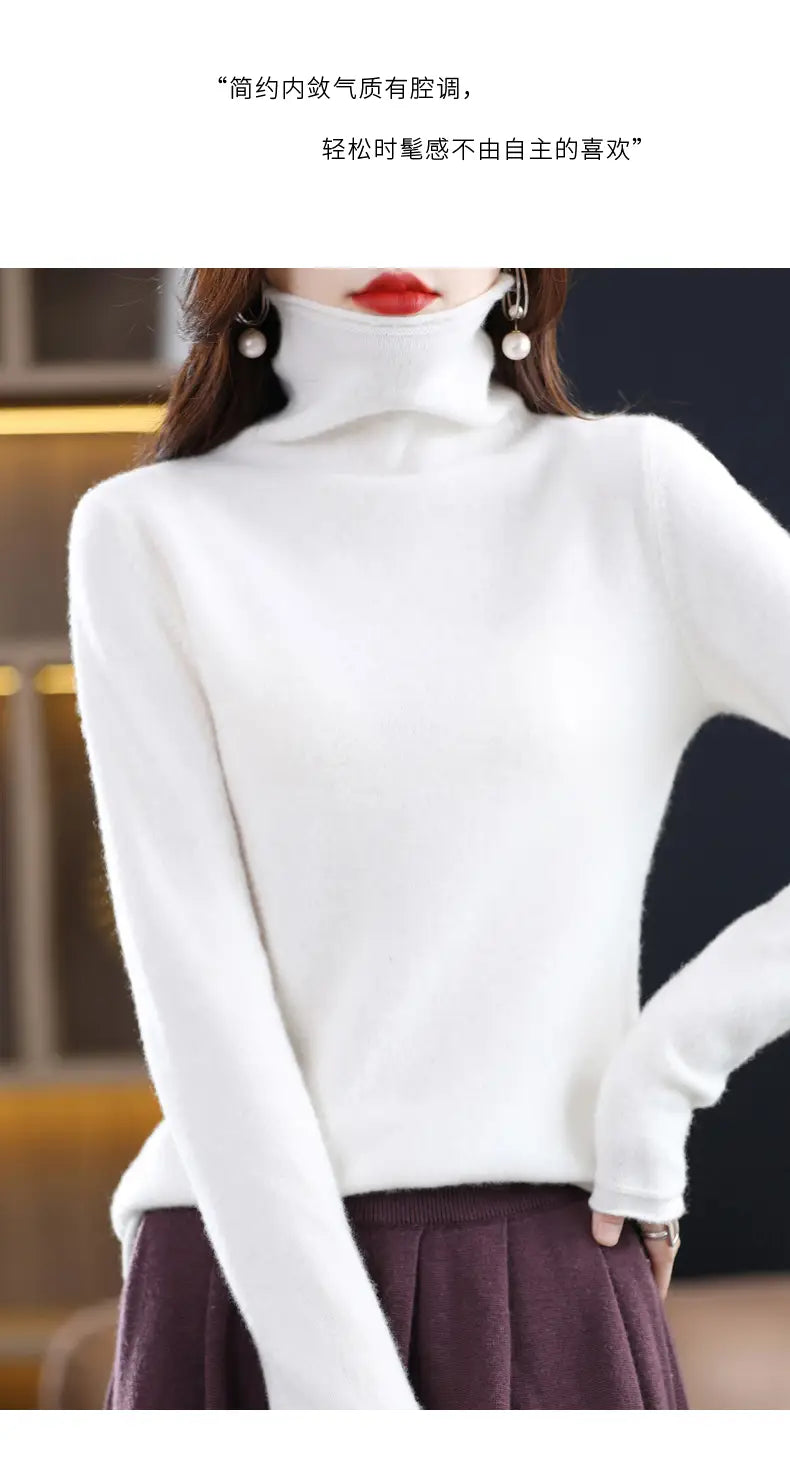 White merino wool turtleneck sweater for women with a soft smooth texture