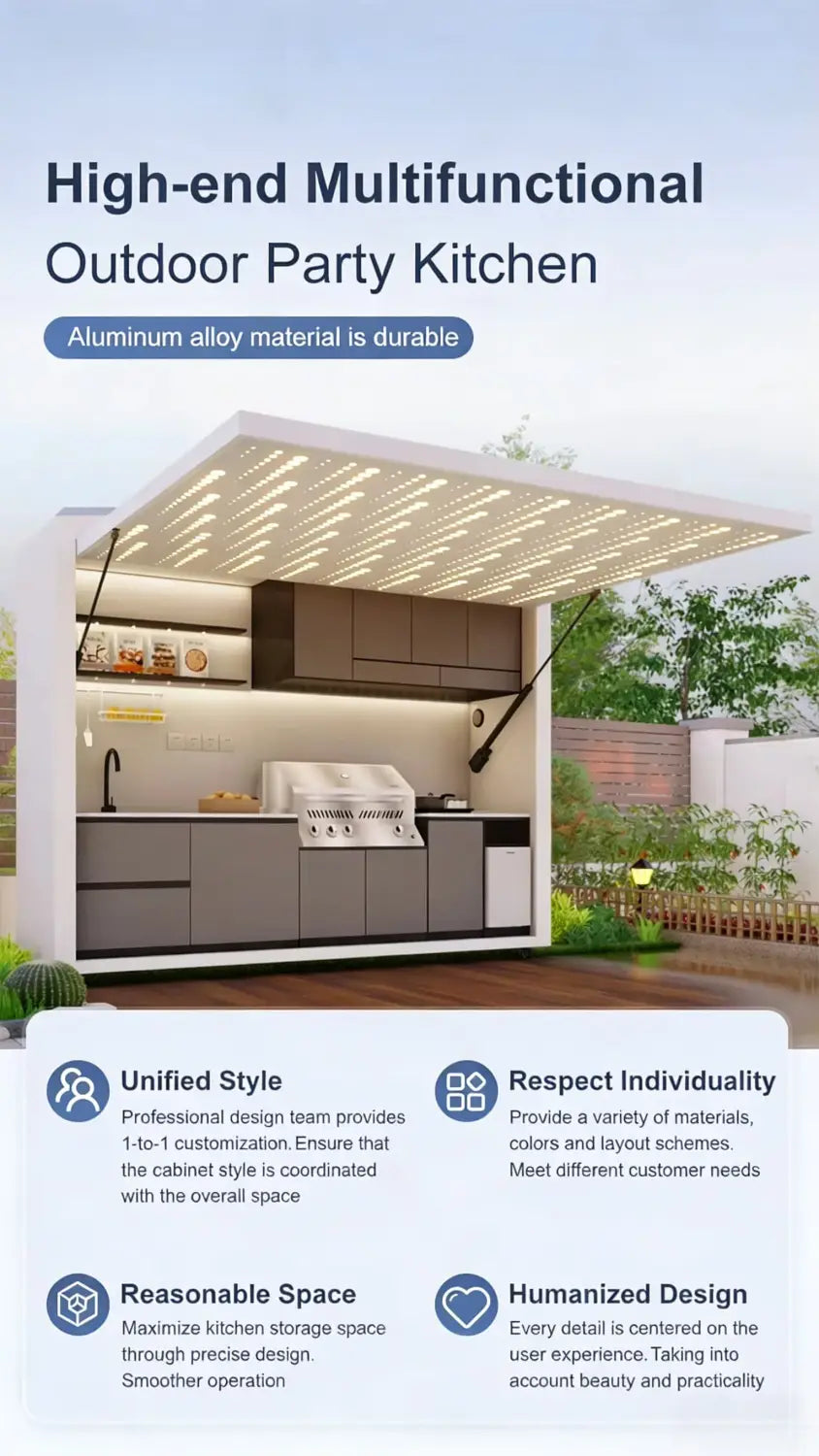 Modern outdoor party kitchen featuring a modular kitchen outdoor cabinet set with sleek aluminum alloy cabinets and a white countertop with integrated lighting above the workspace designed for customer service use.