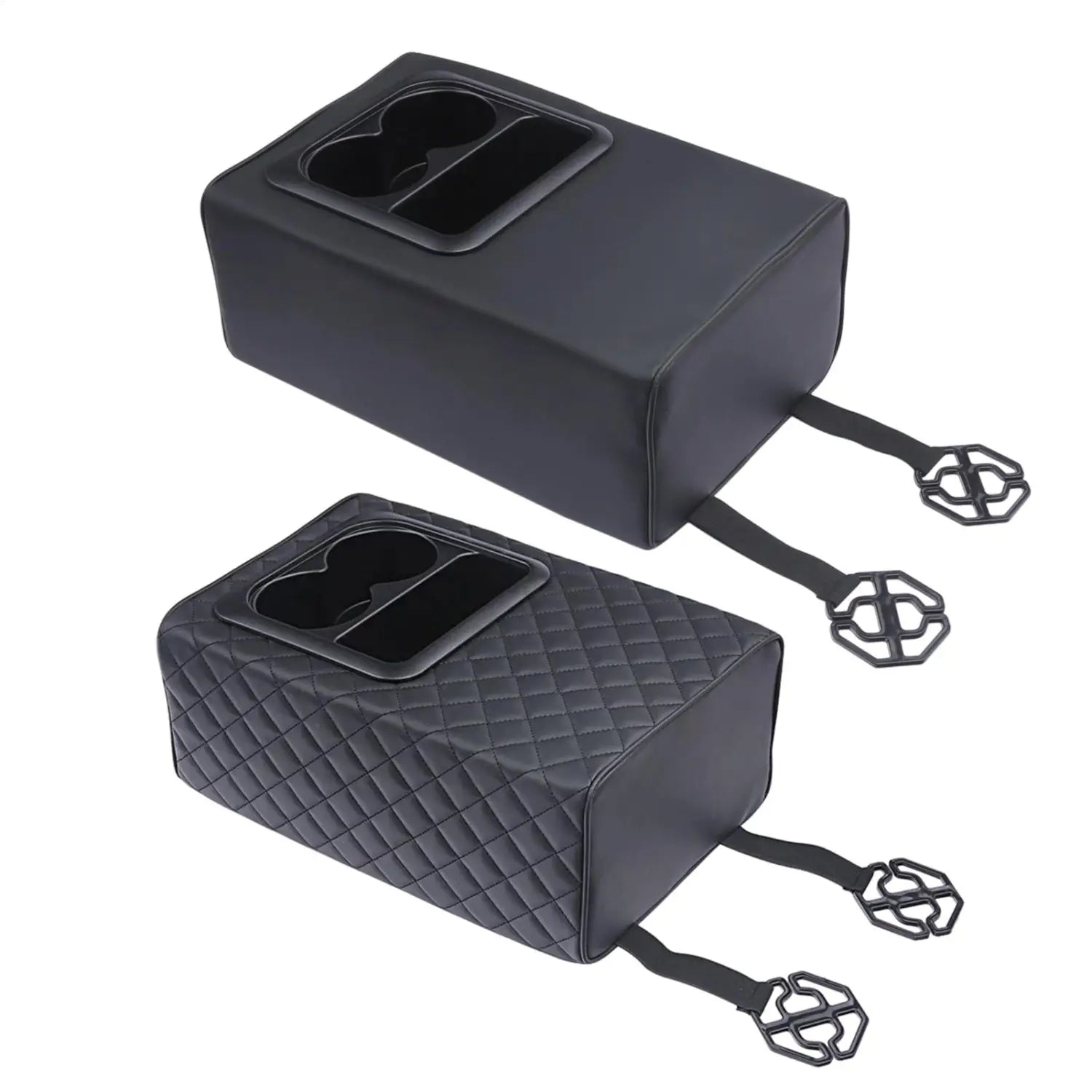 Organizador negro acolchado para consola de automóvil con características de espuma viscoelástica, dos portavasos y correas ajustables para una colocación segura.
