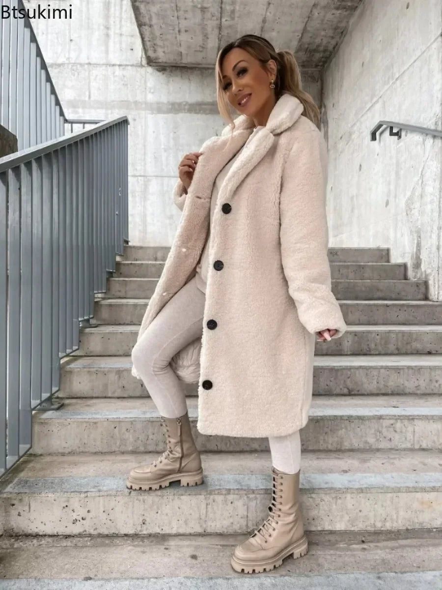 2026 Women's Winter Faux Wool Blends Warm Coat Single Breasted Outerwear Teddy Plush Overcoats Female Chic Streetwear Coats 5XL