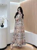 Abaya Ethnic Geometric Pattern Pleated Long Sleeve Loose Maxi Attire Middle Eastern Artistic Style Modest Classy Daily Outfits