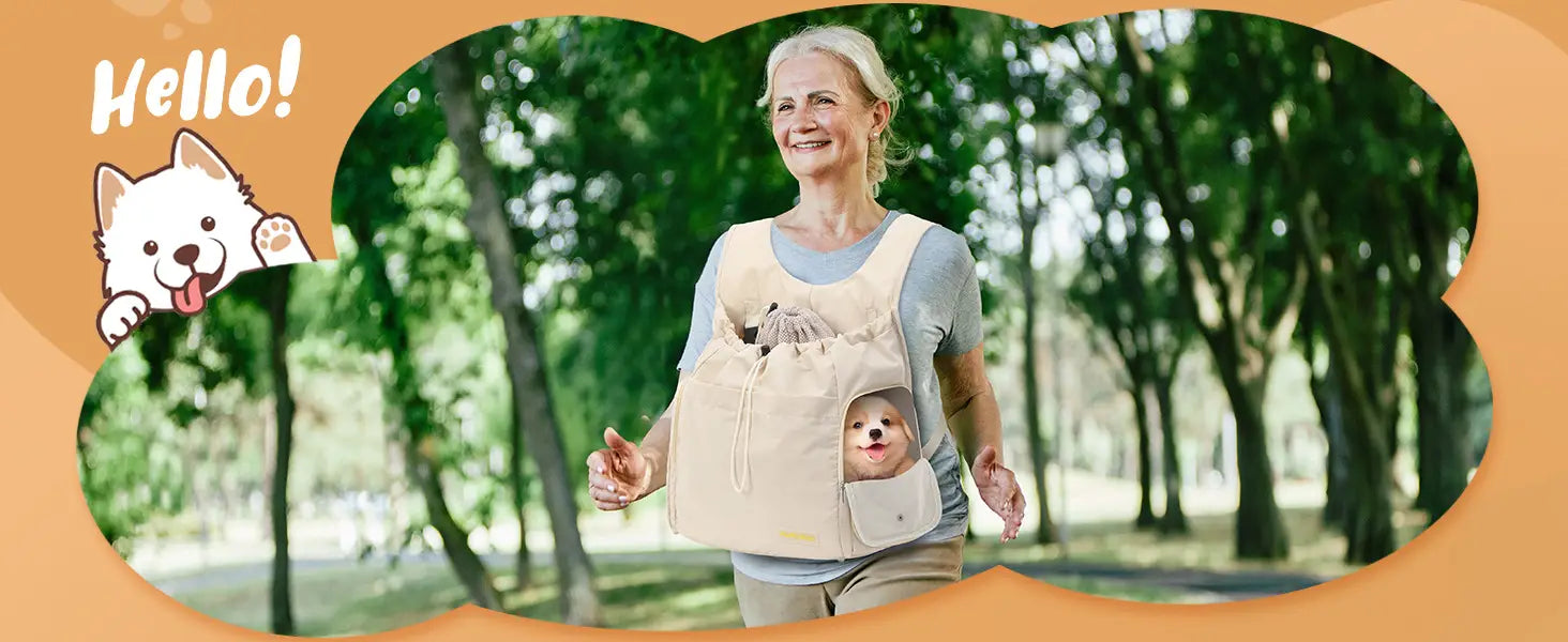 Sac à dos de transport pour animaux souple beige pour la poitrine, le cou et le dos, pour chats et chiens, avec une mignonne conception de visage de chien sur la poche avant