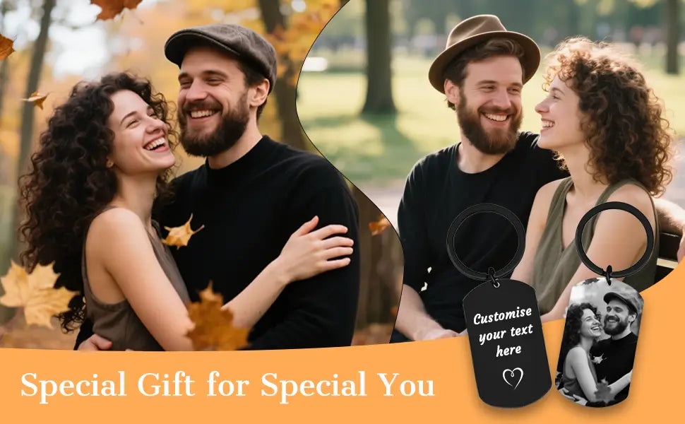 Black metal dog tag keychain featuring customizable engraving and photo imprint designed as a custom photo keychain for couples.