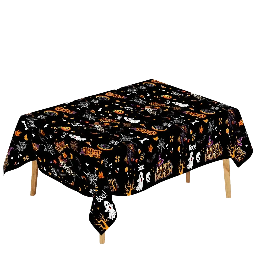 Black disposable plastic tablecloth with halloween pattern of ghosts pumpkins bats spiders and happy halloween text