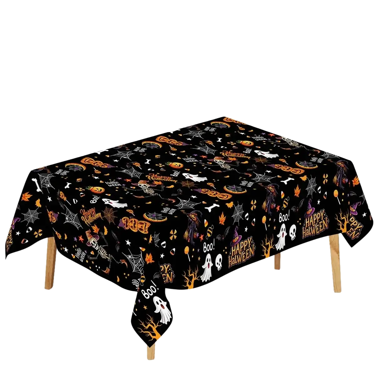 Black disposable plastic tablecloth with halloween pattern of ghosts pumpkins bats spiders and happy halloween text
