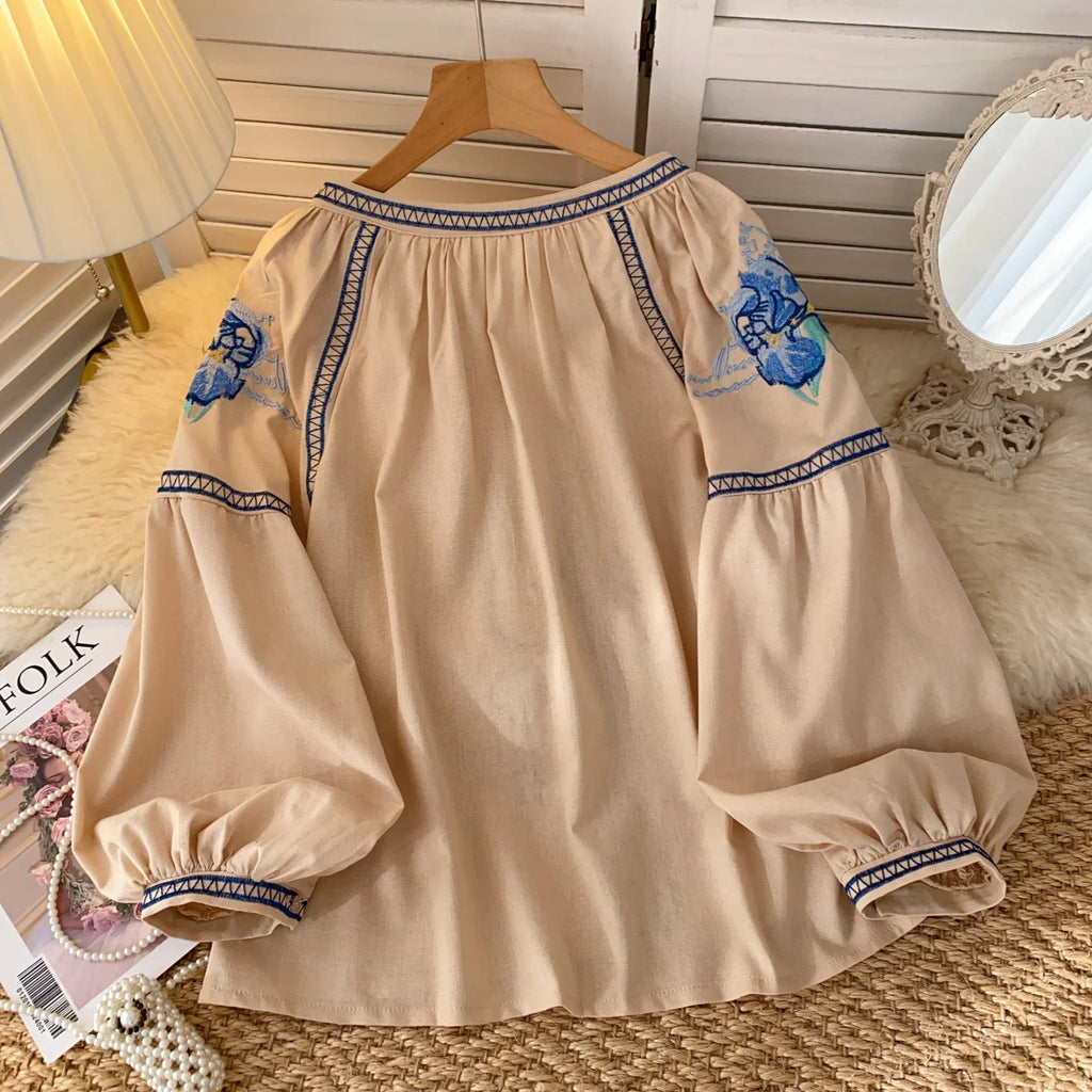 Cotton Ethnic Floral Embroidery Women Blouses Shirts Autumn Casual V Neck Tassel Lace-up Lantern Long Sleeve Blouse Boho Tops