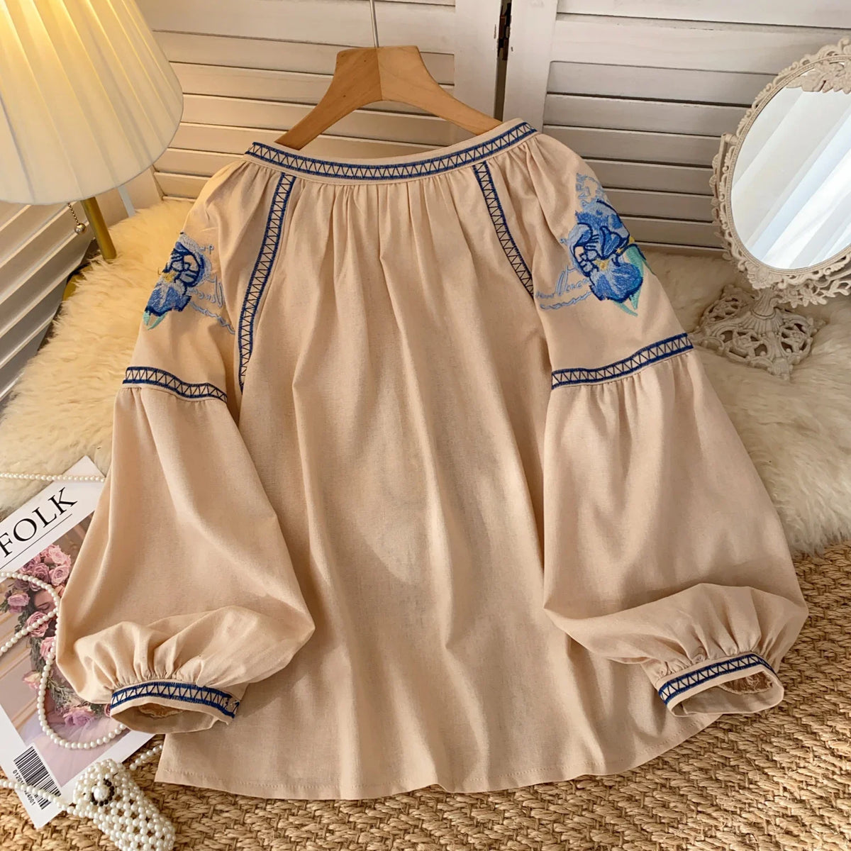 Cotton Ethnic Floral Embroidery Women Blouses Shirts Autumn Casual V Neck Tassel Lace-up Lantern Long Sleeve Blouse Boho Tops